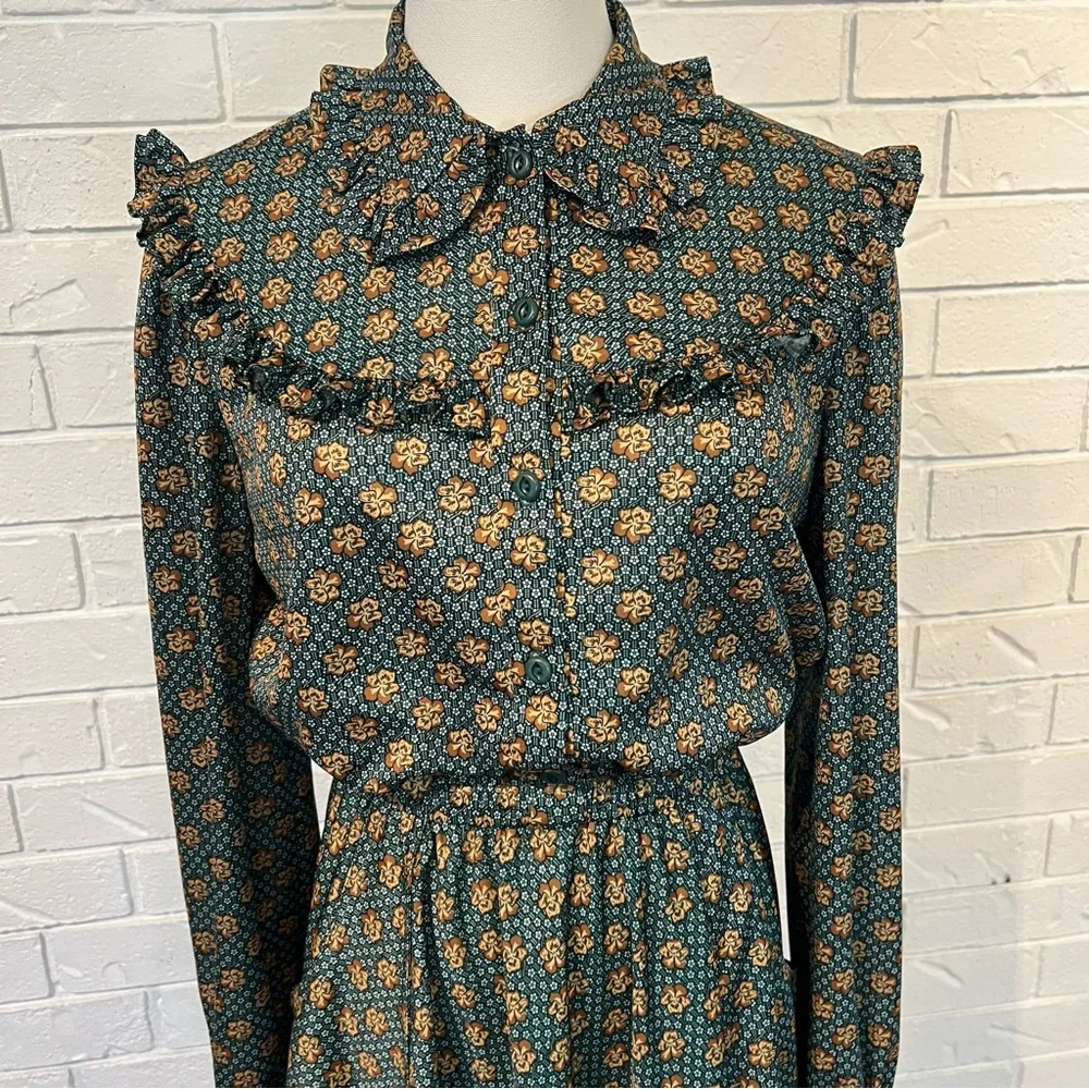 Vintage 70s 80s Floral Ruffle Midi Dress Womens medium - Picture 2 of 11